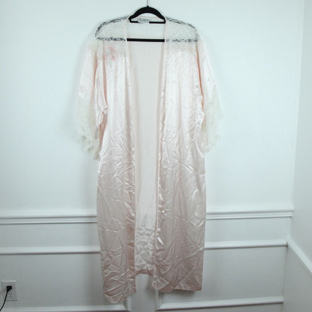 Vintage Powder Pink Satin Robe Lace Feminine Dainty‎ Coquette Large NO BELT Glam